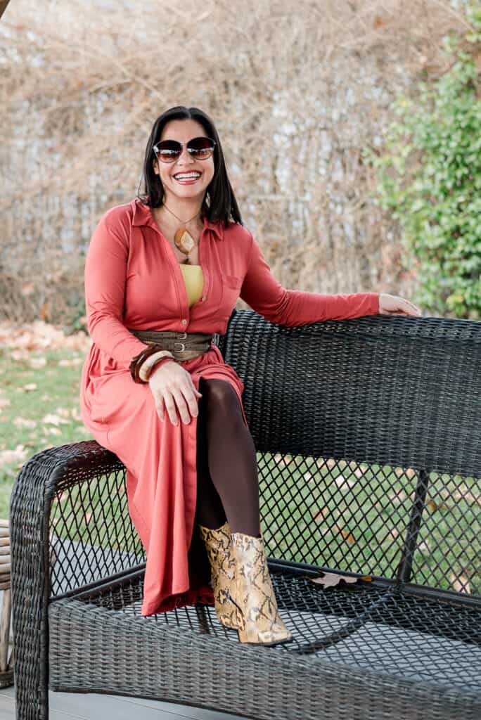 Fall Style - Spice up a simple shirtdress wearing these edgy block heels sneak print booties, and a Vidart & Life wood necklace.