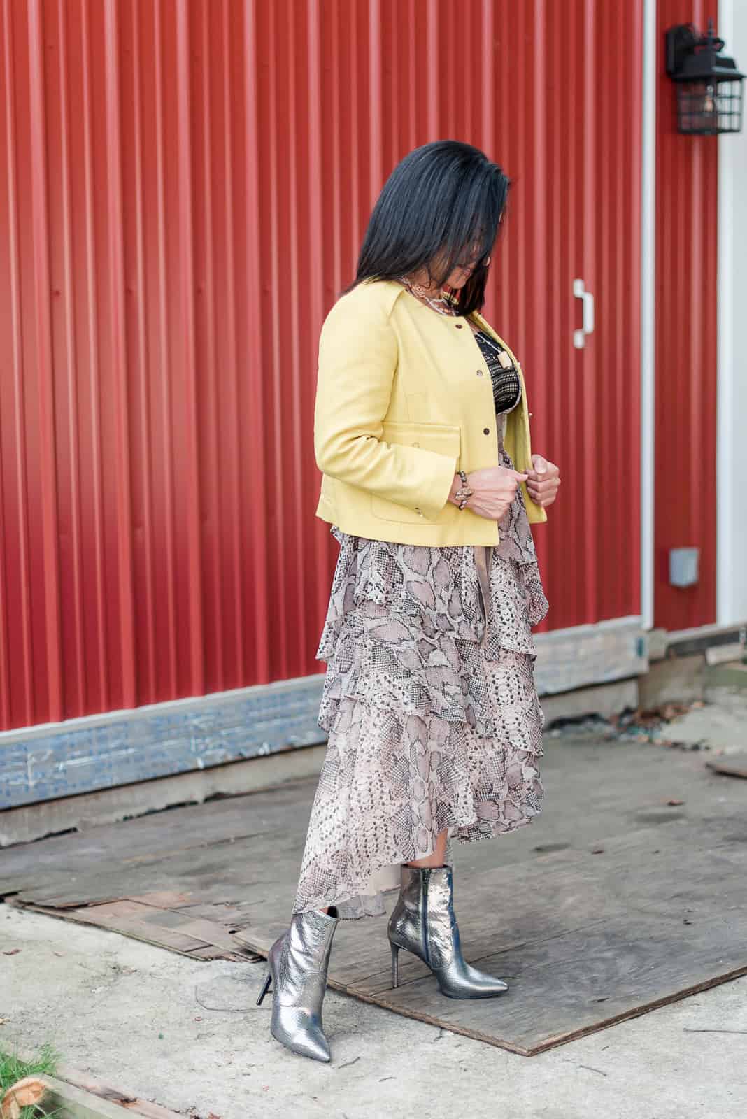 Vida is wearing Snack Print Ruffled Dress and Michael Kors silver boots.