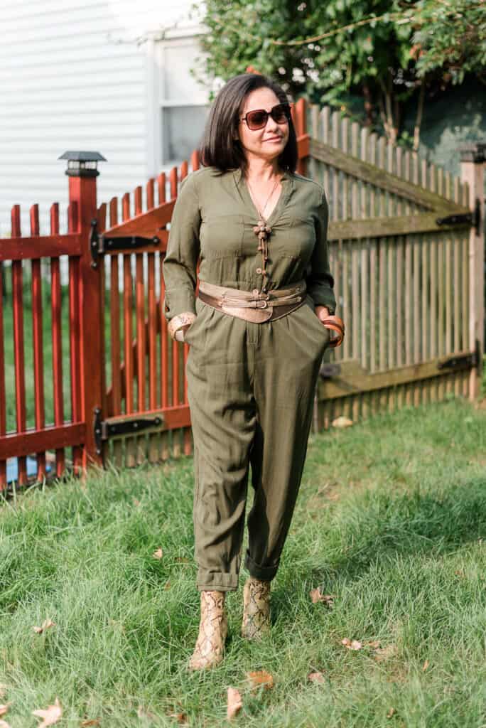 So I chose this beautiful Anthropologie army green jumpsuit with buttons on the front. — one of my favorite.